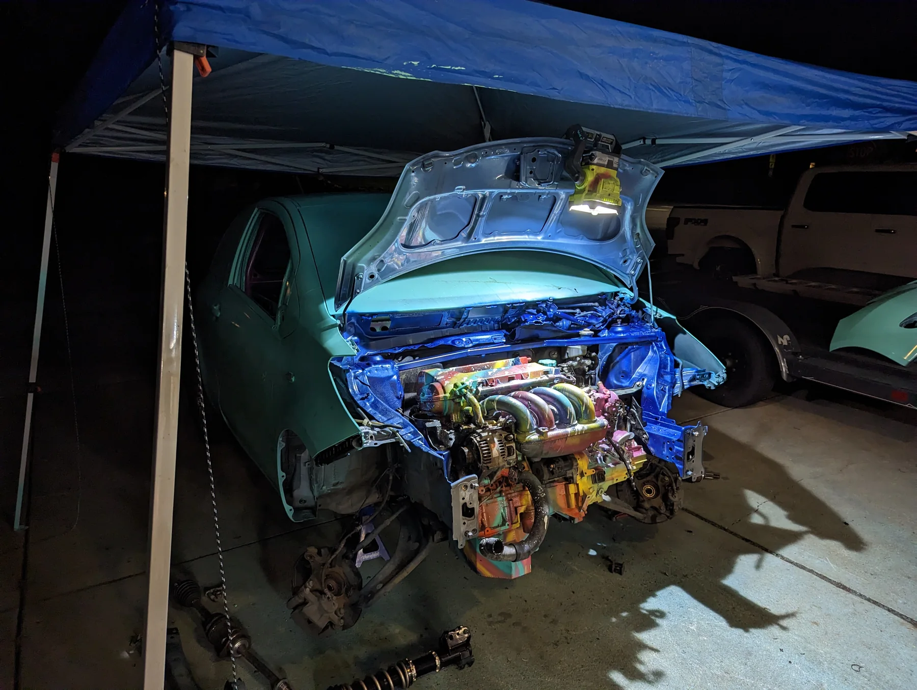 Engine installation work underway in the Dadbod Carmod garage