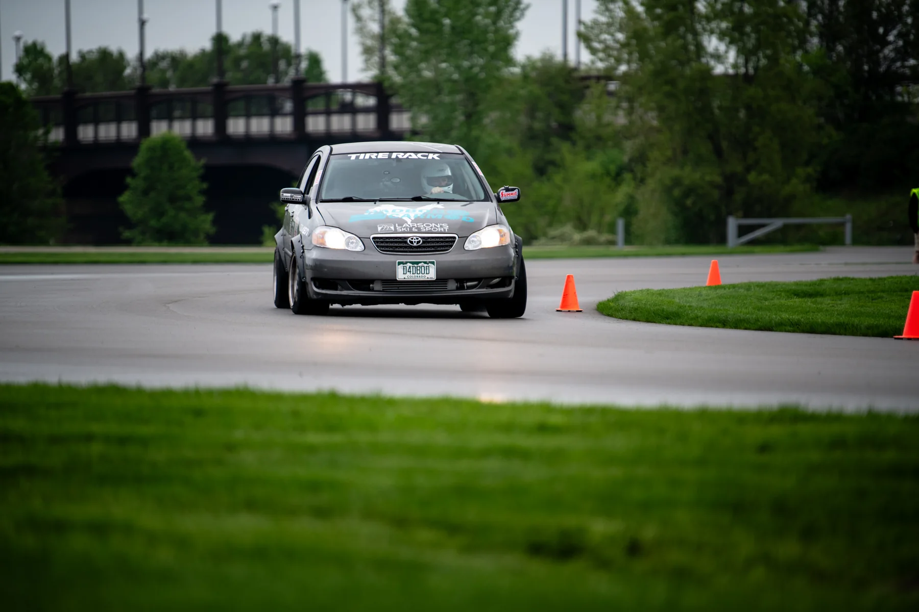 Dadbod Carmod Corolla on a cone-marked dry skidpad during One Lap of America 2023